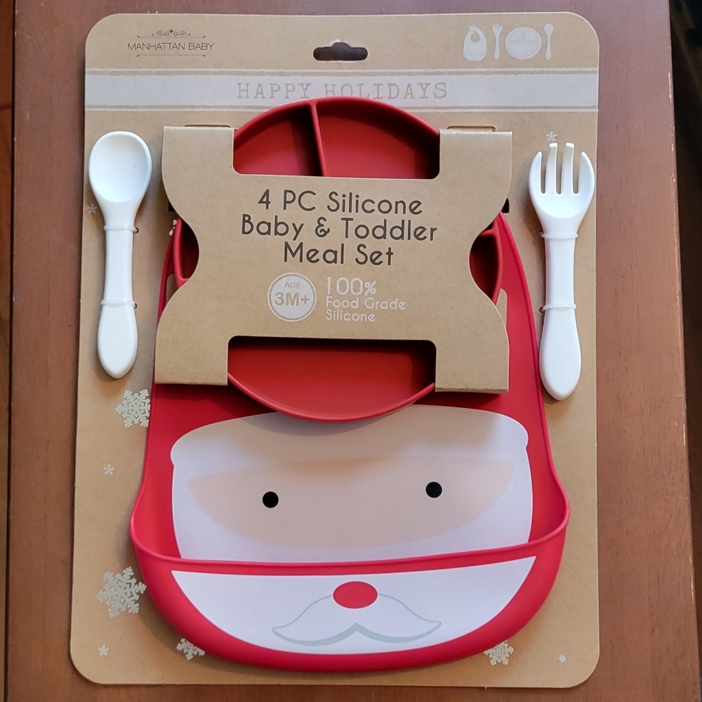 New Christmas Santa Baby 4-pc Silicone Baby Toddler Meal Feeding Holiday Set Bib